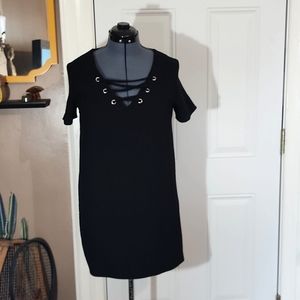 Black Dress, lace up v neck, zipper back